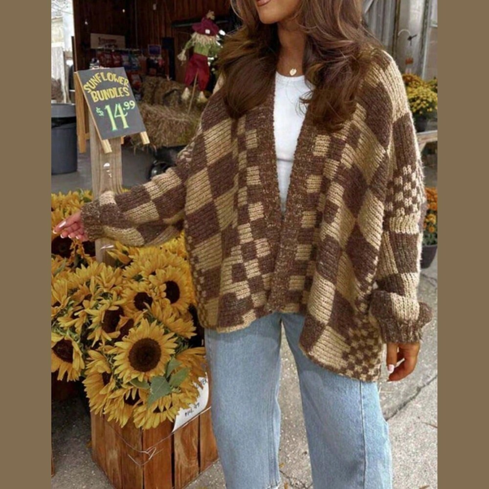 Brown Tan Checkered Knit Open Front Oversized Cardigan